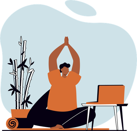 Male doing morning yoga while watching yoga video  Illustration