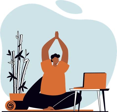 Male doing morning yoga while watching yoga video  Illustration