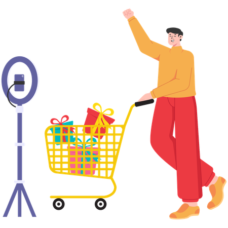 Male doing shopping while live on stream  Illustration