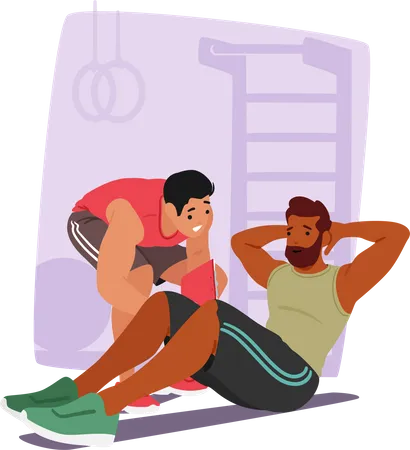 Male Character Undergoing Training With A Personal Coach Tailored Exercises Guidance And Motivation Provided To Achieve Fitness Goals Effectively And Efficiently Cartoon People Vector Illustration Illustration