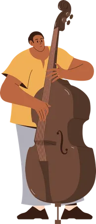 Male double bass player performing with big string instrument Illustration
