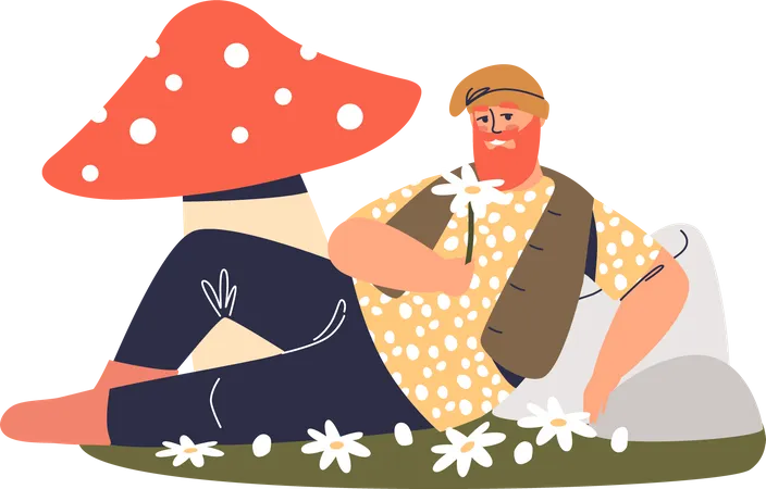 Funny Garden Gnome Lying Under Mushroom Cute Lazy Cartoon Dwarf With Red Hair And Beard Having Rest Fairytale And Mythological Creature Concept Flat Vector Illustration Illustration