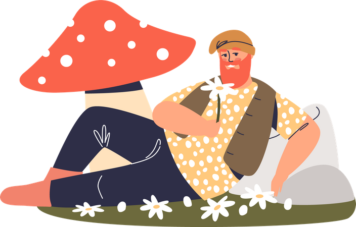 Male Dwarf lying under mushroom  Illustration