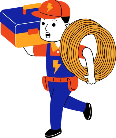 Man Electrician Carrying Electric Cable And Tool Box イラスト