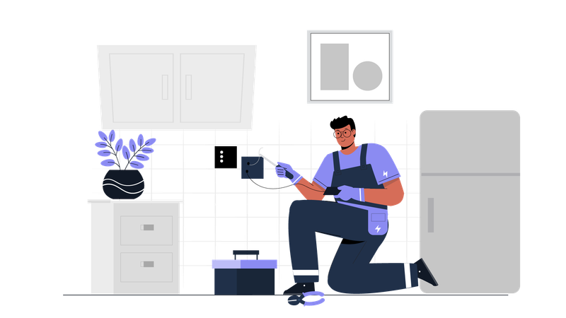 Male electrician checking socket wire  Illustration