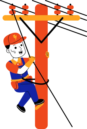 Male Electrician climbs electric pole  Illustration