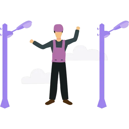 Male electrician fixing street lights  Illustration