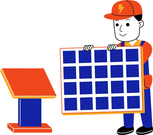 Man Electrician Installing Solar Panel Illustration