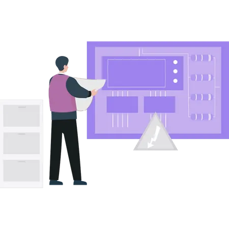 Male electrician looking at connections on paper  Illustration