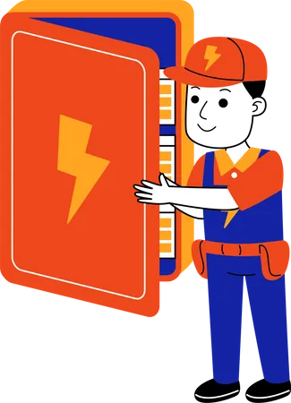 Man Electrician Repairing Electrical Box Illustration