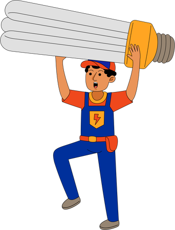 Male Electrician running with bulb  Illustration