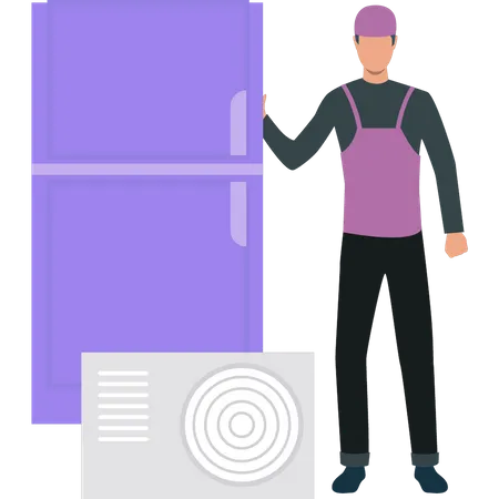 Male electrician standing by fridge  Illustration