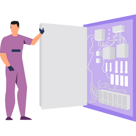 Male electrician standing by fuse box  Illustration