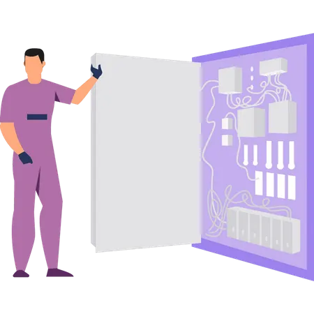 The Electrician Is Standing By The Fuse Box Illustration