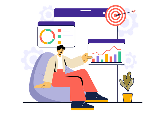 Male employe showing business target with analysis chart  Illustration