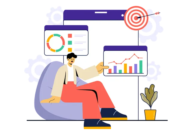 Male employe showing business target with analysis chart  Illustration