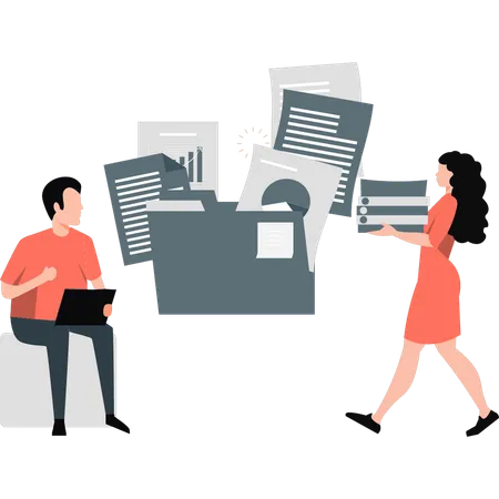 Male employee and girl working on documents in folder  Illustration