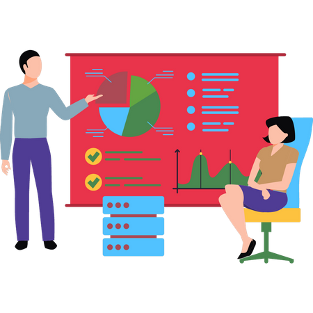 Male employee and woman discuss about business analysis Illustration