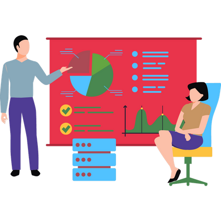 Male employee and woman discuss about business analysis  Illustration