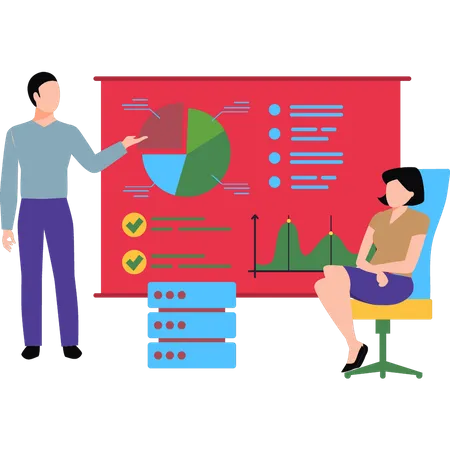 Male employee and woman discuss about business analysis  Illustration