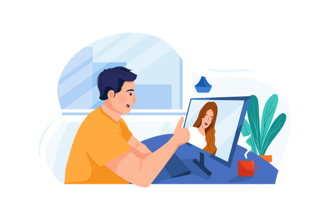 Male employee attending video call meeting  Illustration