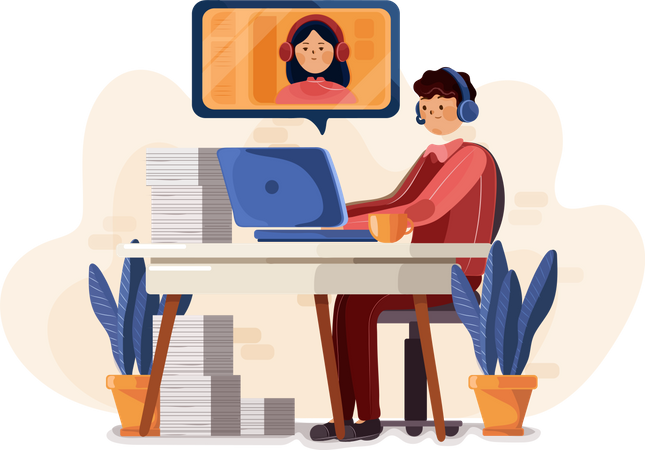 Male employee busy in online meeting Illustration