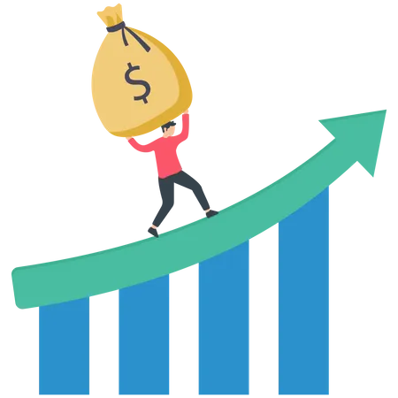 Male employee carrying money bag and walking on growth chart  Illustration