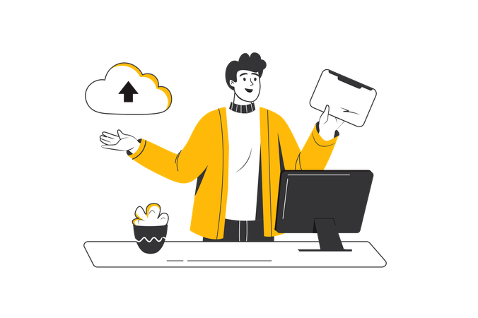 Male employee checks data stored in cloud storage.  Illustration