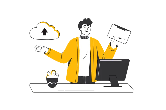 Male employee checks data stored in cloud storage.  Illustration