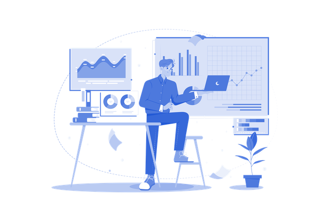 Male employee doing data analysis  Illustration