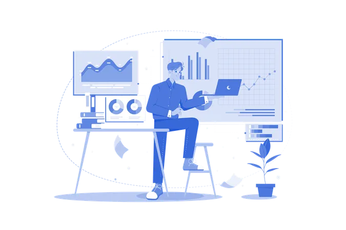 Male employee doing data analysis  Illustration