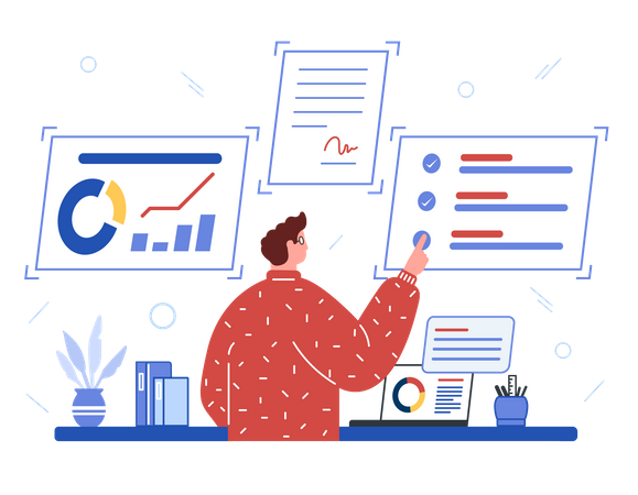 Male employee doing data analysis  Illustration