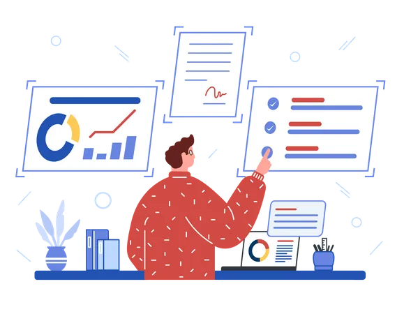 Male employee doing data analysis  Illustration