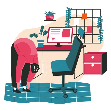 Different People Exercise In The Workplace Scene Concept Man Performs Bend To Floor Warm Up On Break At Desktop Office Work People Activities Vector Illustration Of Characters In Flat Design Illustration