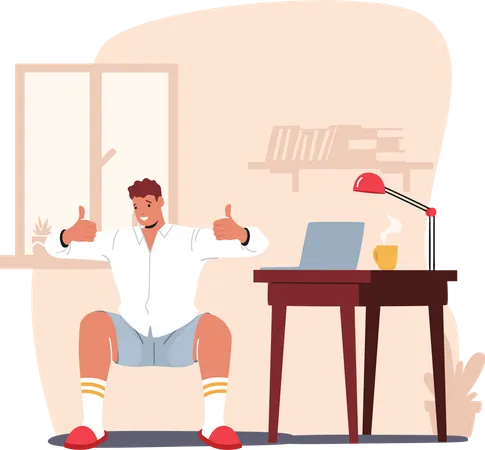 Freelancer Or Office Worker Exercising At Workplace Male Character Doing Workout At Work Place Squatting And Stretching Legs While Work On Laptop Health Care Sport Cartoon Vector Illustration Illustration