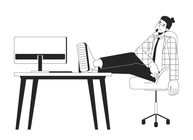 Male Employee Exhausted After Meeting Deadline Black And White 2 D Line Cartoon Character Caucasian Man Tired Happy Isolated Vector Outline Person Break Monochromatic Flat Spot Illustration Illustration