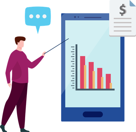 Male employee giving Growth presentation on mobile  Illustration