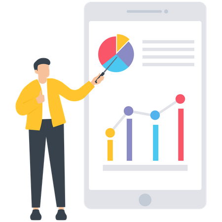 Male employee giving Growth presentation on mobile  イラスト