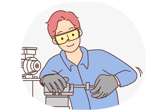 Male employee in uniform work on steel machine in workshop  Illustration