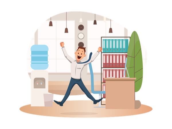 Male employee Jumping Up at Office Illustration