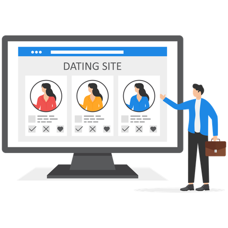 Male employee looking for new acquaintances on dating site  Illustration