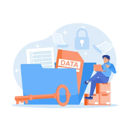 Male employee manages data while Collect and store data information securely  Illustration