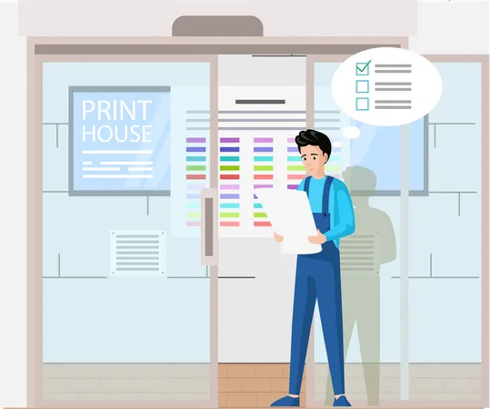 Male employee of printing house analyzes to do list Illustration