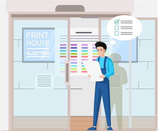 Male employee of printing house analyzes to do list  Illustration