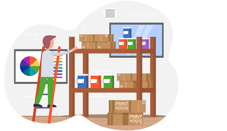 Male employee of printing house taking dyes ink for printer  Illustration