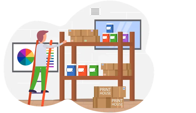 Male employee of printing house taking dyes ink for printer  Illustration