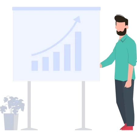 The Boy Stands By The Bar Graph Presentation Board Illustration