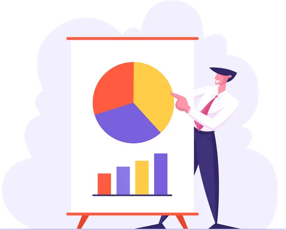 Business Meeting Project Presentation Male Character Point On Financial Pie Graph On Flip Board To Business Colleagues Data Analysis Statistics Corporate Education Cartoon Flat Vector Illustration Illustration