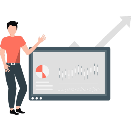 Male employee showing candlesticks growth chart  Illustration