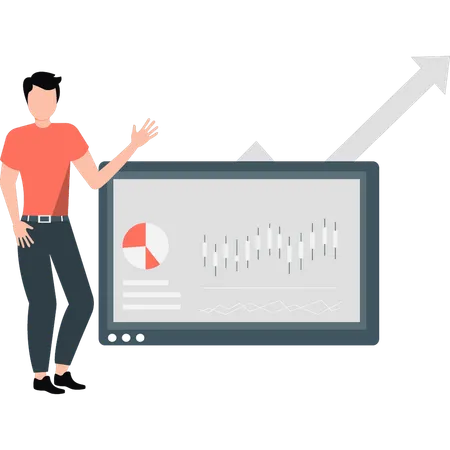 Male employee showing candlesticks growth chart  Illustration